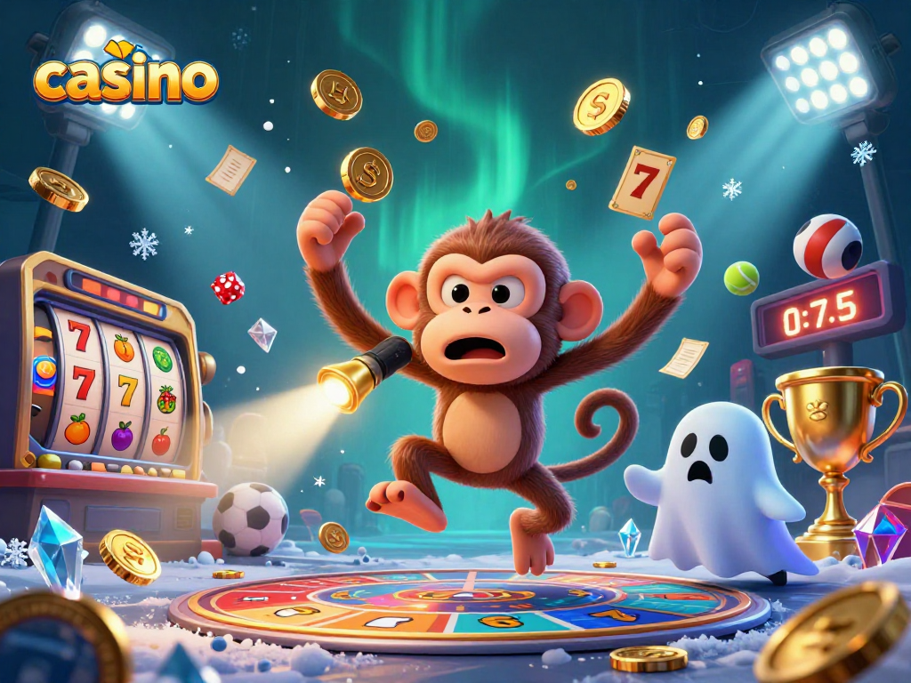 Engaging casino scene with a mischievous monkey and ghost-hunter puppy tracking golden treasures.