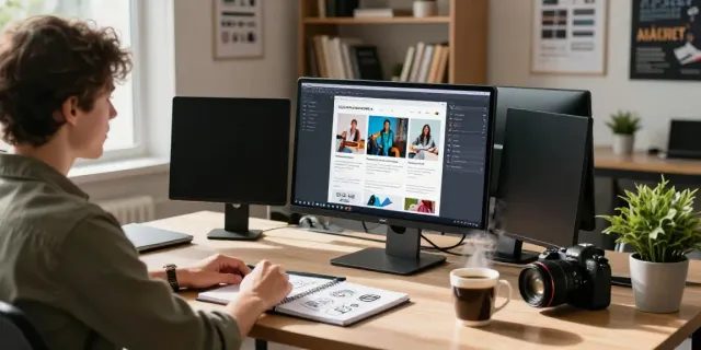 How to use an AI blog image generator in a modern workspace with vibrant visuals for creative content.