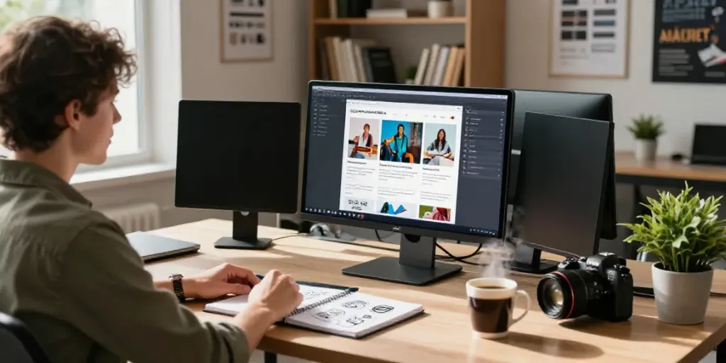 How to use an AI blog image generator in a modern workspace with vibrant visuals for creative content.