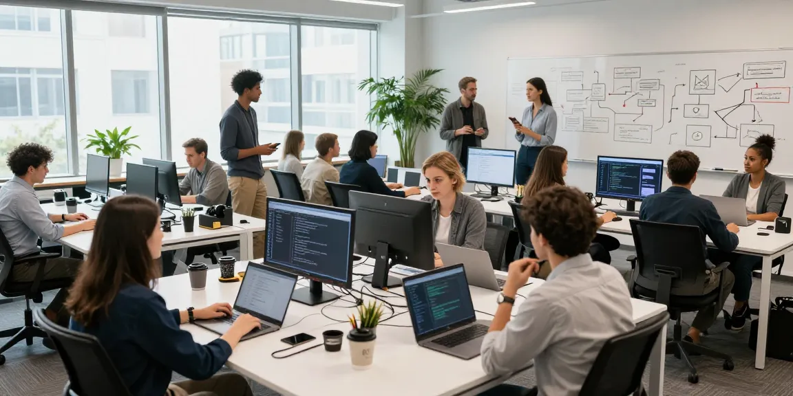 Dynamic tech workspace featuring professionals collaborating on telegraimin.com software projects, full of creativity and innovation.