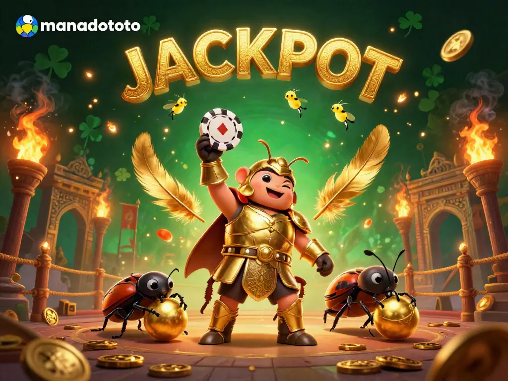 Experience the excitement of manadototo with a victorious beetle champion in a vibrant casino scene.