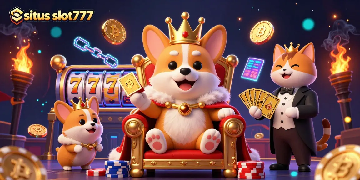 Spin the reels on situs slot777 with a vibrant 3D illustration showcasing a royal corgi on a throne of chips.