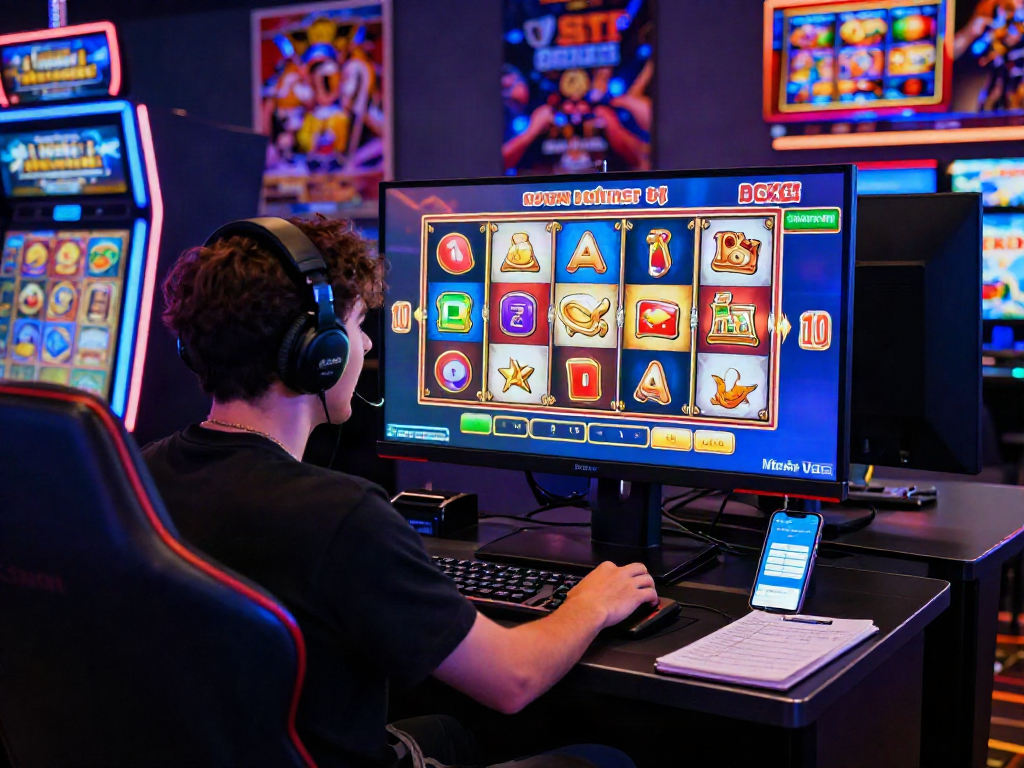 Excited player engaging with a slot bonus new member 100 in a vibrant online casino gaming setup.