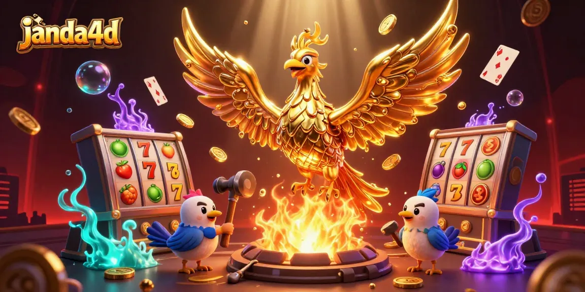 Permainan slot janda4d dengan phoenix emas menciptakan koin berkilauan, dikelilingi simbol-simbol kasino.