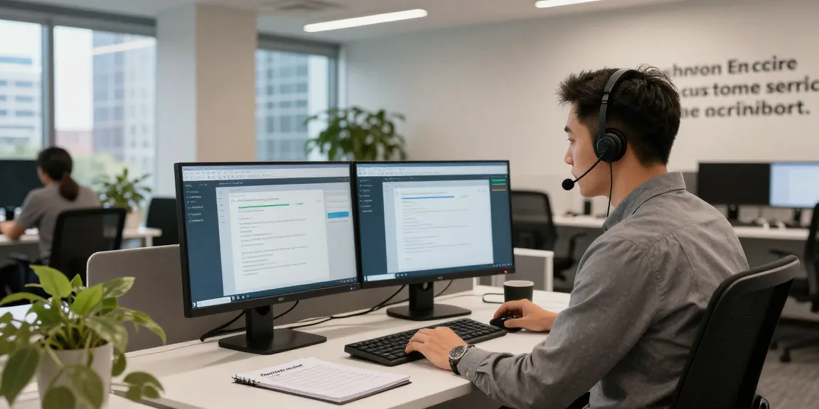 Customer service representative aiding Telus-Technical-Support clients in a bright modern office.