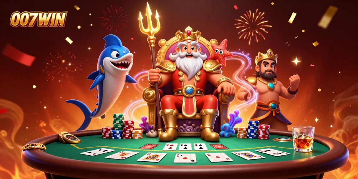 Engage in thrilling poker action at 007WIN with sea king Neptune and festive elements.