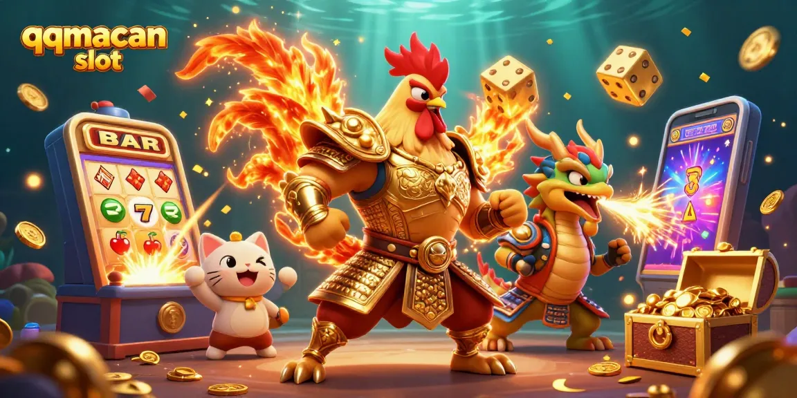 Experience the thrill of qqmacan slot with a dynamic digital scene featuring martials, dragons, and jackpots.