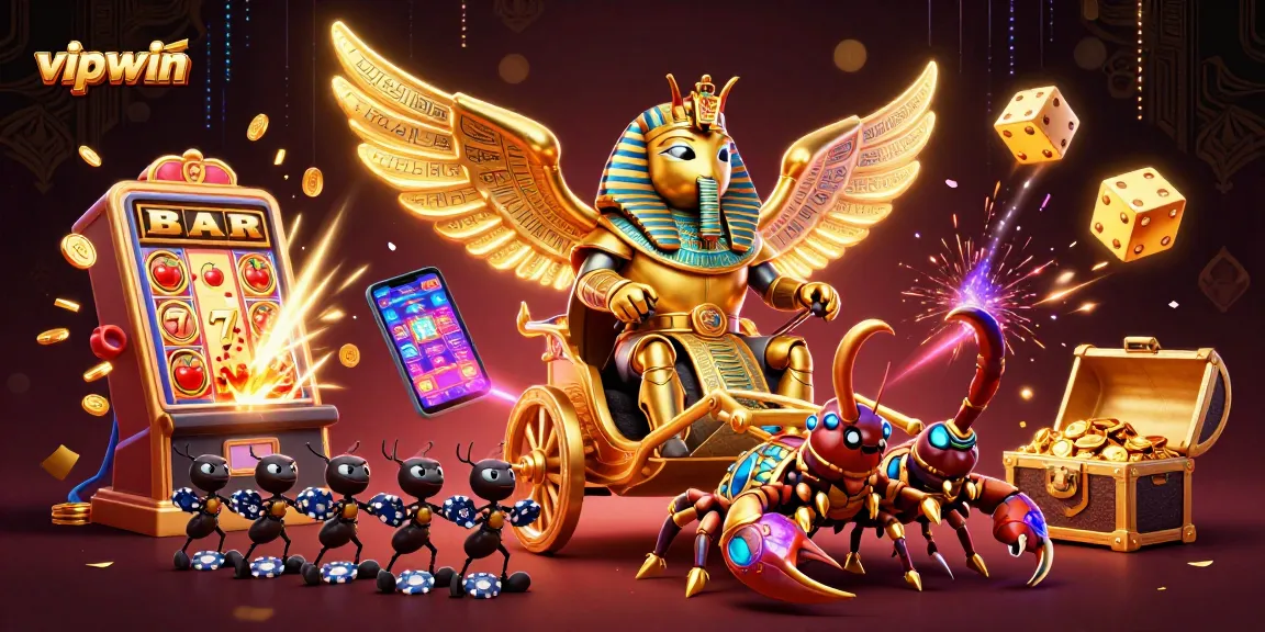 Electrifying scene of vipwin with a golden scarab beetle and dazzling casino elements in a rich illustration
