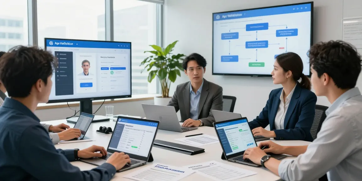 Innovative age verification system demonstration in a professional office setting with a diverse team.