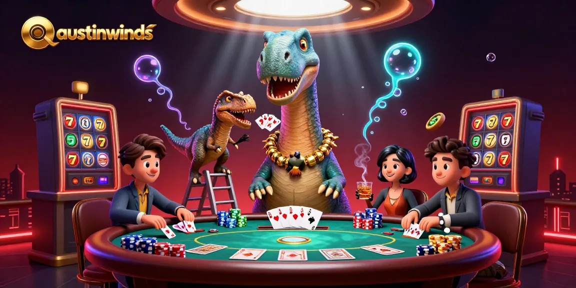 Engage in thrilling poker action with austinwinds as a giant brontosaurus oversees a vibrant casino scene.