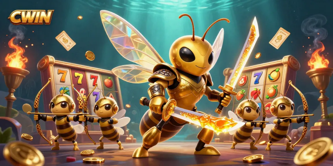 CWIN presents a captivating slot game scene with a golden hornet and dynamic elements, promising thrilling gameplay.