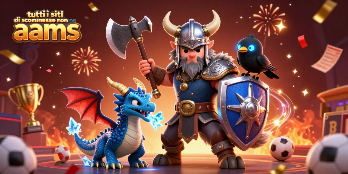 Scopri tutti i siti di scommesse non AAMS con un Viking e draghi sullo sfondo di un luminoso stadio.