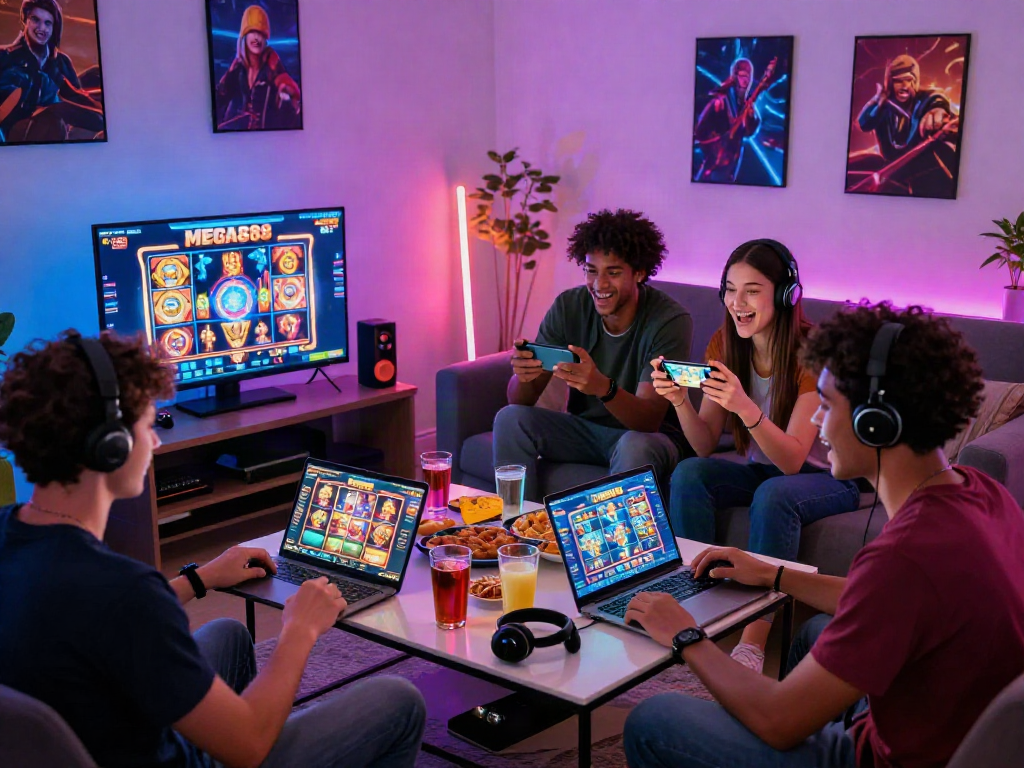 Excited gamers enjoying MEGA888 on various devices in a vibrant social setting.