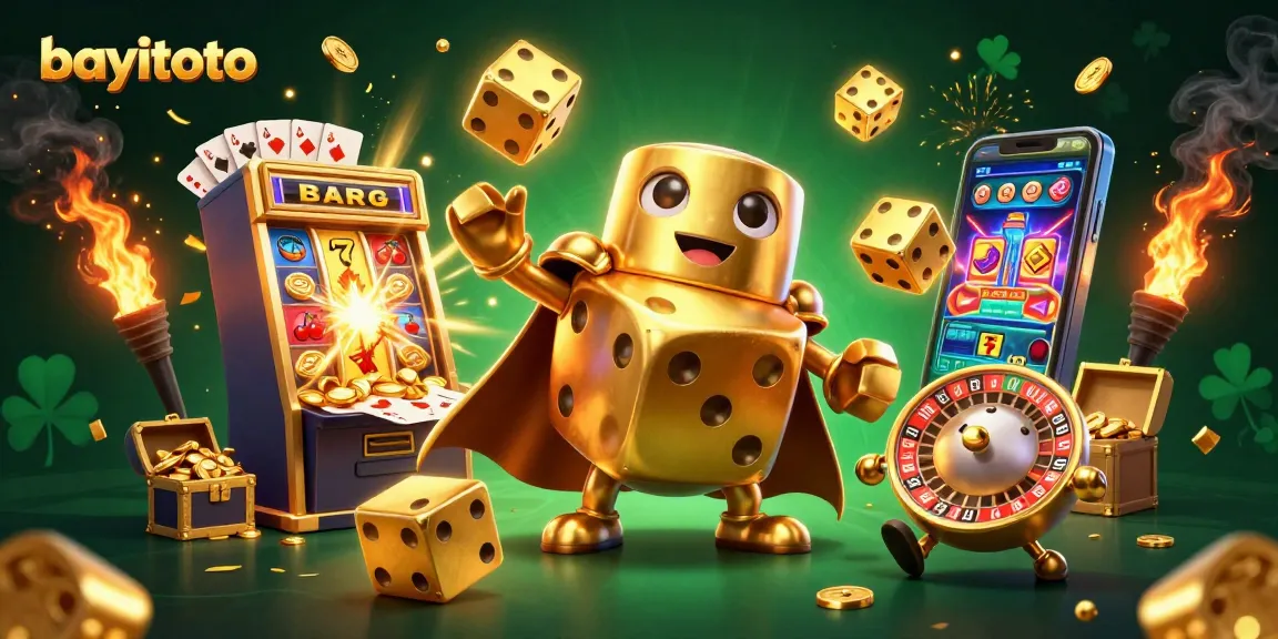 Experience bayitoto's thrilling world with a vibrant 3D casino scene full of action and winning icons.