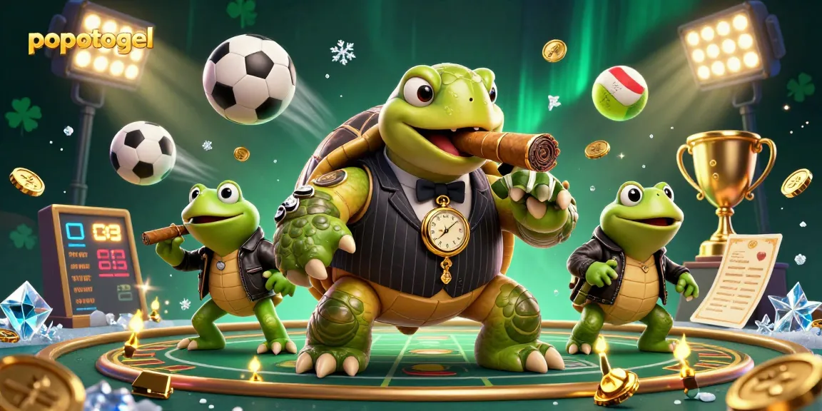 Experience popotogel's thrill with a charming turtle mobster and excited bullfrog enforcers in a dynamic casino scene.