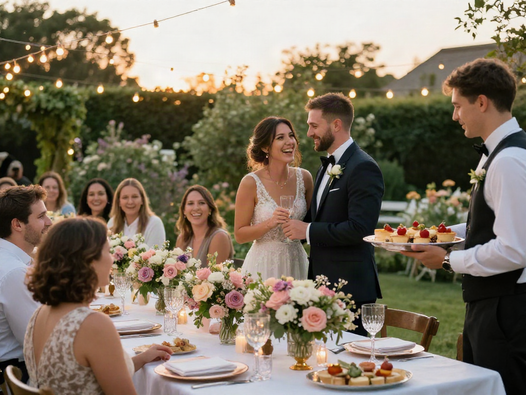 Event rentals beautify an elegant outdoor wedding reception with floral tablescapes and twinkling lights.