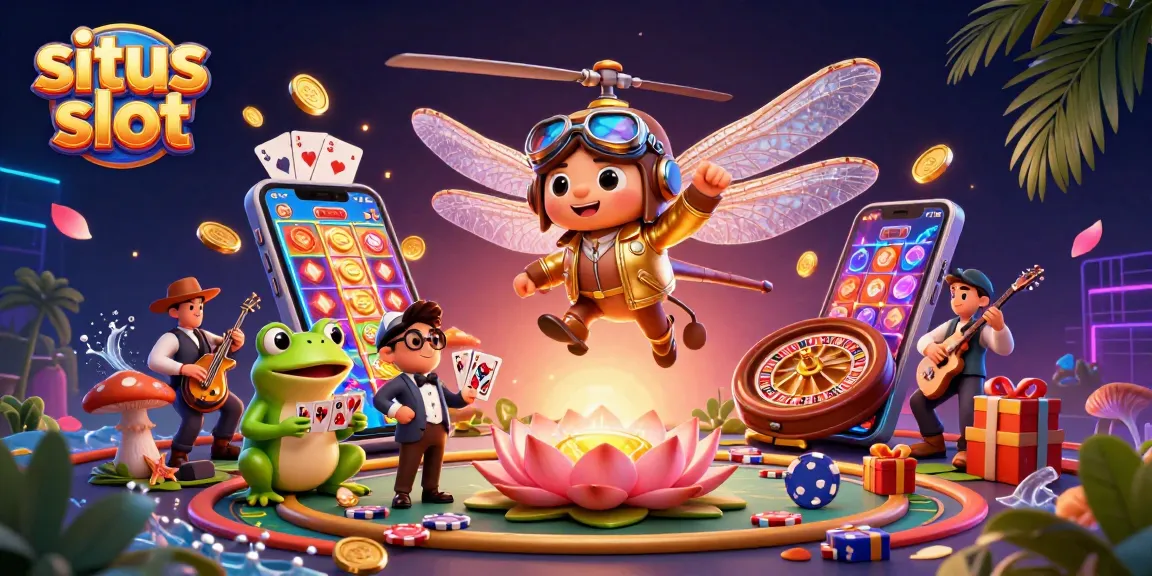 Experience situs slot excitement with a vibrant 3D casino scene featuring a dragonfly pilot and card-dealing frog.