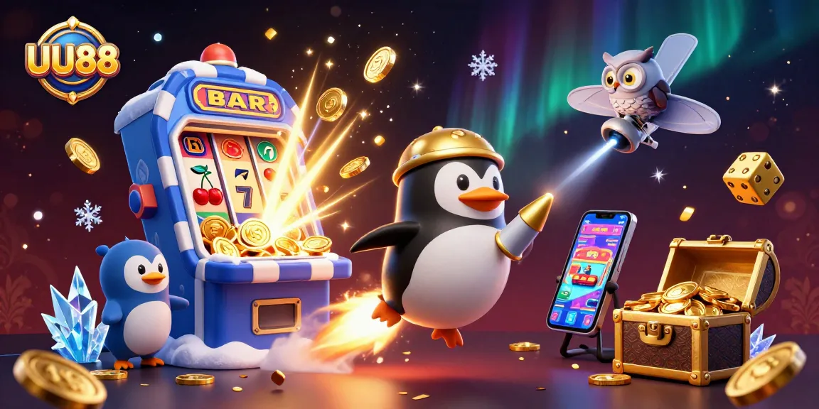 Experience UU88's vibrant casino thrills with a golden penguin, jackpots, and sparkling treasures.