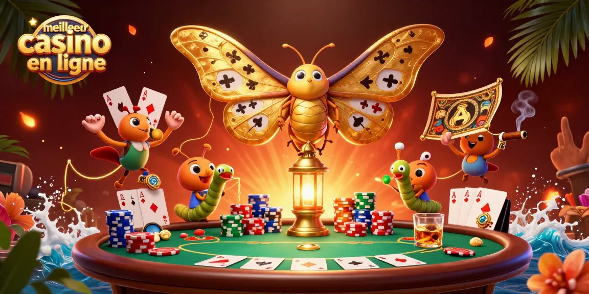 Jouez sur le meilleur casino en ligne avec une scène riche de cartes, jetons, et ambiance festive.