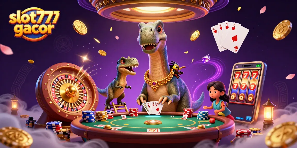 Permainan slot777 gacor yang seru dengan dinosaurus dan raptor di kasino, banyak koin berkilau.