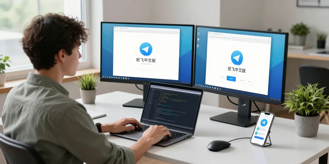 Workspace featuring a professional using 纸飞机中文版 with dual monitors and tech gadgets.