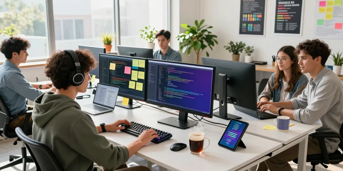 Energetic software development team collaborating on projects using 纸飞机中文版 in a modern office.