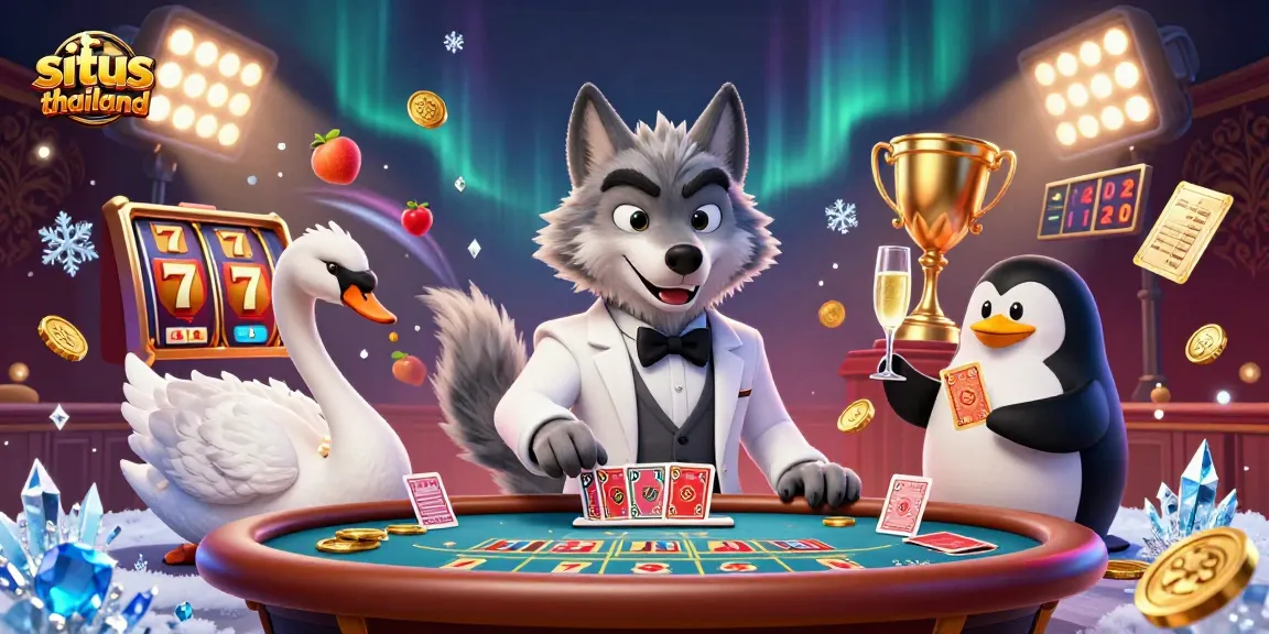 Experience the thrill at situs thailand with a vibrant casino scene showcasing a wolf dealer in action.