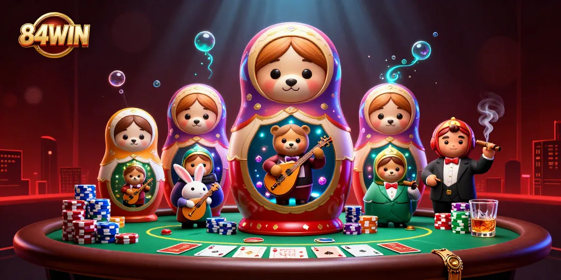 Explore the vibrant casino world of 84WIN, where whimsical characters and poker elements collide.