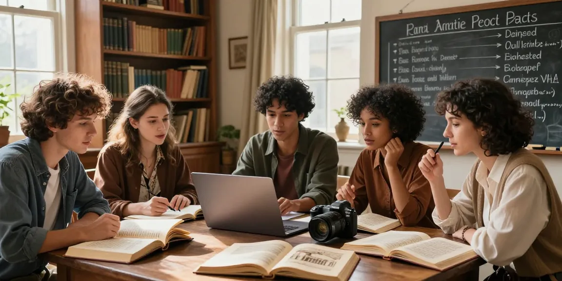 Engaging scene at https://tyntescastle.com with diverse individuals exploring rich historical narratives in a cozy library.
