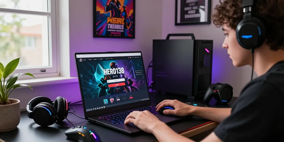 User engaged with the hero138 situs login on a vibrant gaming setup, showcasing gaming gear and atmosphere.