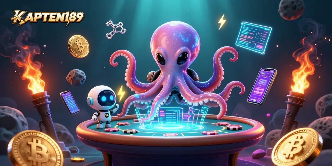 KAPTEN189 menampilkan alien gurita berpers Suit berkilau sedang bermain poker di ruang angkasa