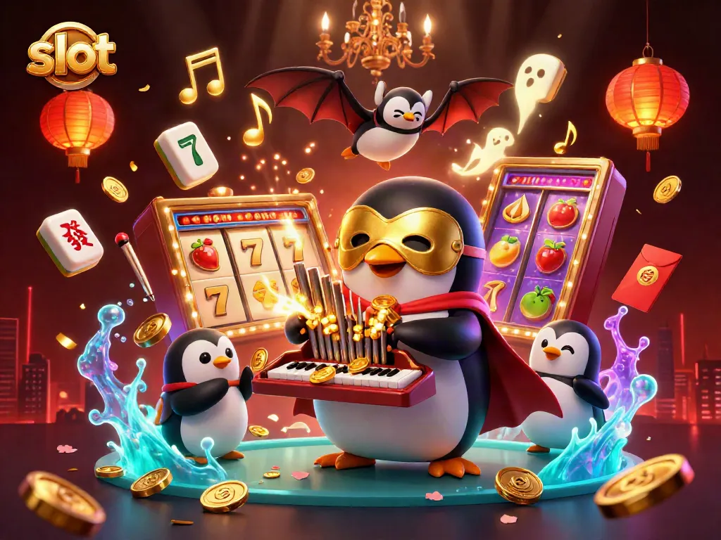 Slot menggoda dengan mesin slot penuh warna dan simbol keberuntungan yang memancarkan cahaya.