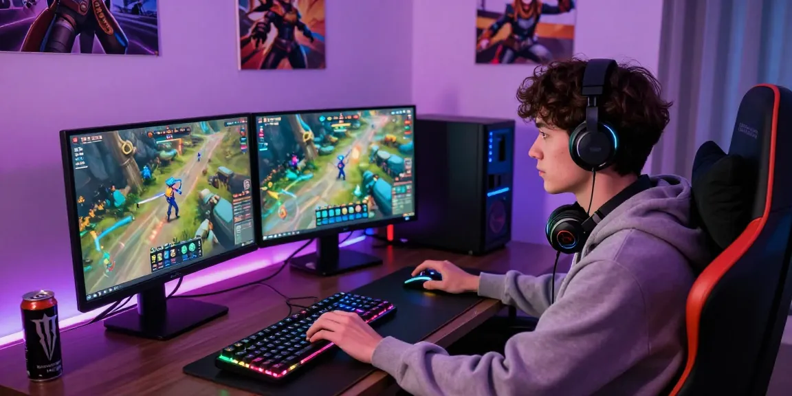Immersive gaming setup showcasing 7meter player focused on dual screens.