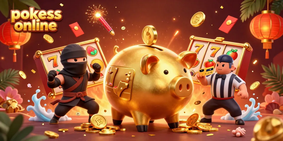 Experience thrilling pokies online action with golden piggy bank and samurai referee in a vibrant casino scene.