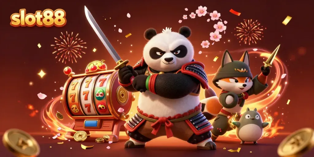 Permainan slot88 yang menarik dengan panda samurai dan rubah ninja beraksi.