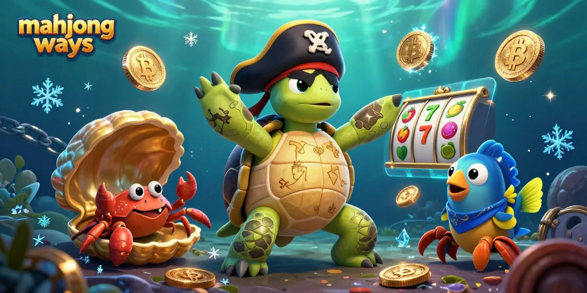 Experience mahjong ways with an adventurous pirate turtle, crab, and parrotfish amidst vibrant slot reels and crypto coins.