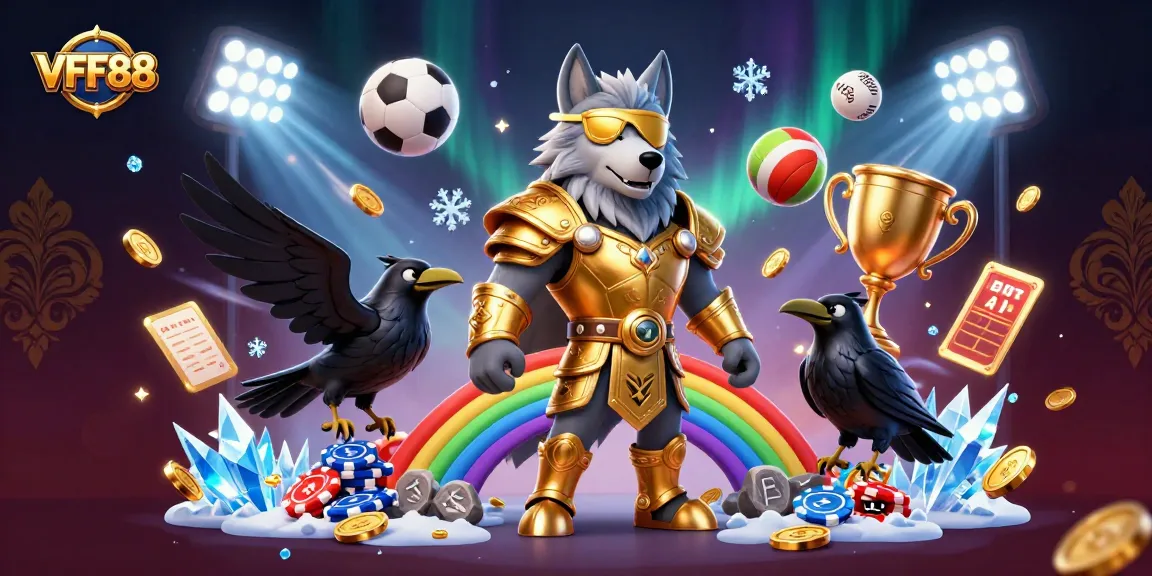Engage in thrilling gameplay with VFF88 as the Odin wolf and ravens dominate a vibrant casino scene.
