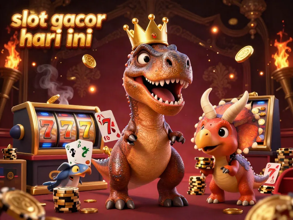Game slot gacor hari ini menampilkan dinosaur yang bermain sambil mengocok kartu dan menumpuk chip emas.