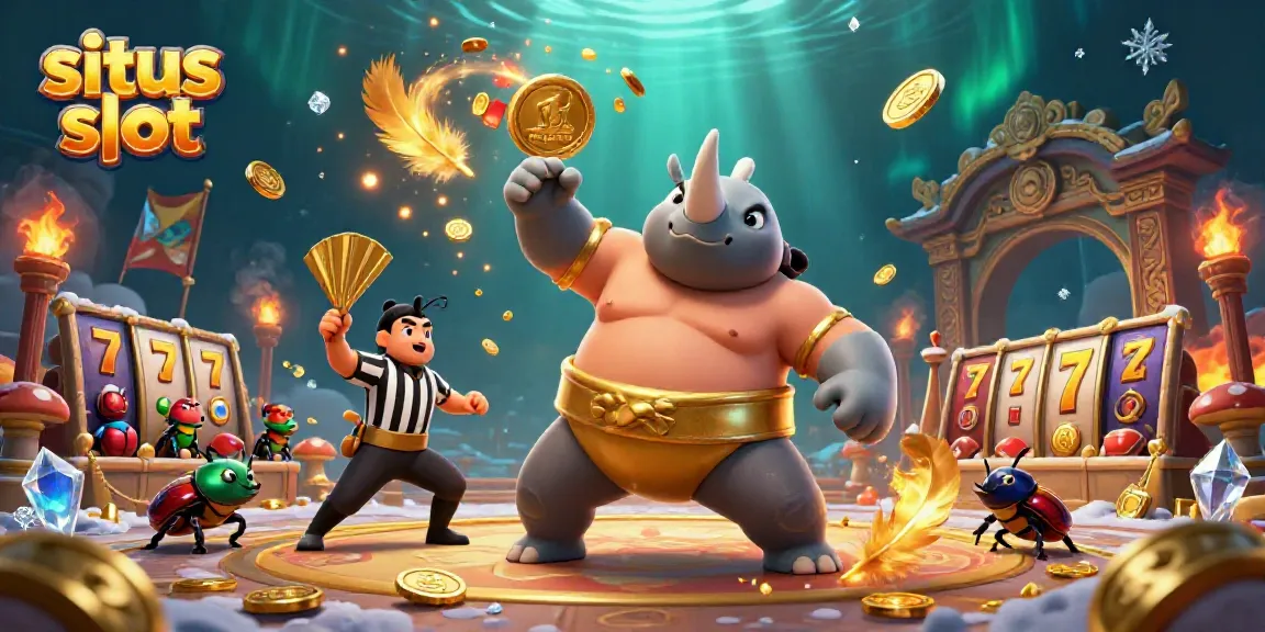 Situs slot scene with a rhinoceros beetle champion celebrating amid flying coins and slot game elements.