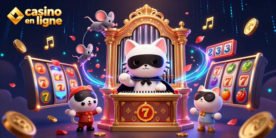 Jouez à des jeux captivants dans un casino en ligne avec un chat masqué et un orgue, symboles de chance en arrière-plan.