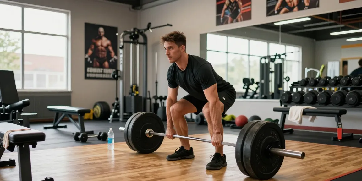 Bodybuilder training at Deus Medical Shop gym, showcasing determination and strength while lifting weights.