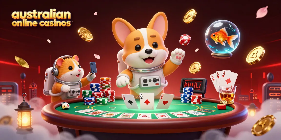 3D cartoon astronaut corgi in a space station casino showcasing australian online casinos with poker elements.