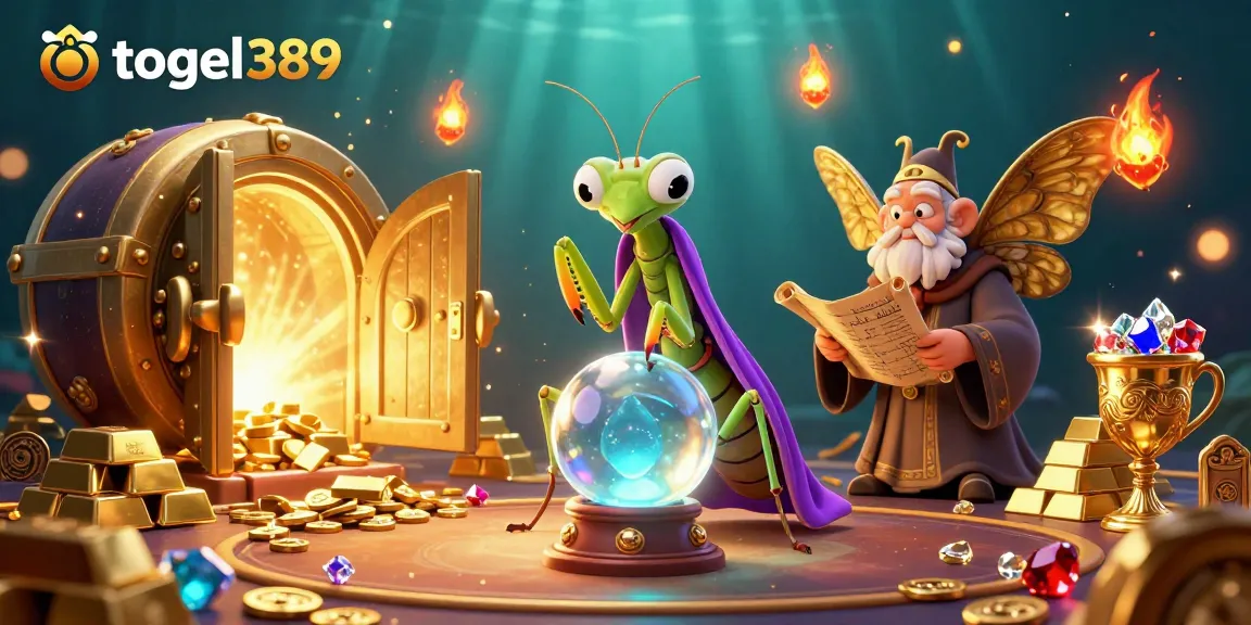 Engage in thrilling togel389 action with a 3D scene of a fortune teller gazing into a crystal ball amidst treasures.