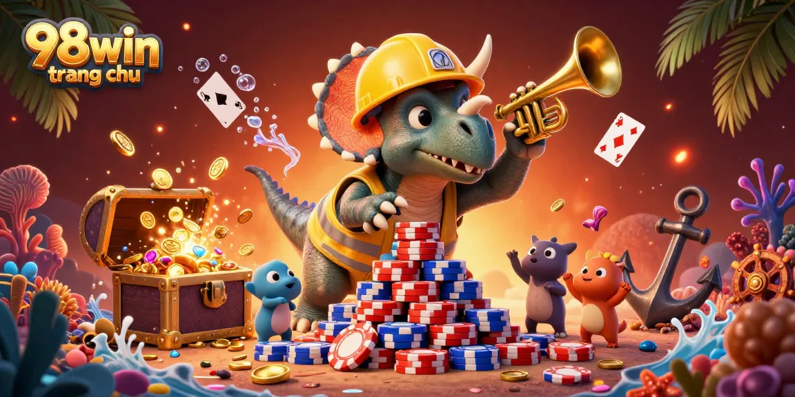 Engage in festive gaming with 98win trang chu as dinosaur characters celebrate a jackpot of poker chips amidst vibrant treasure elements.