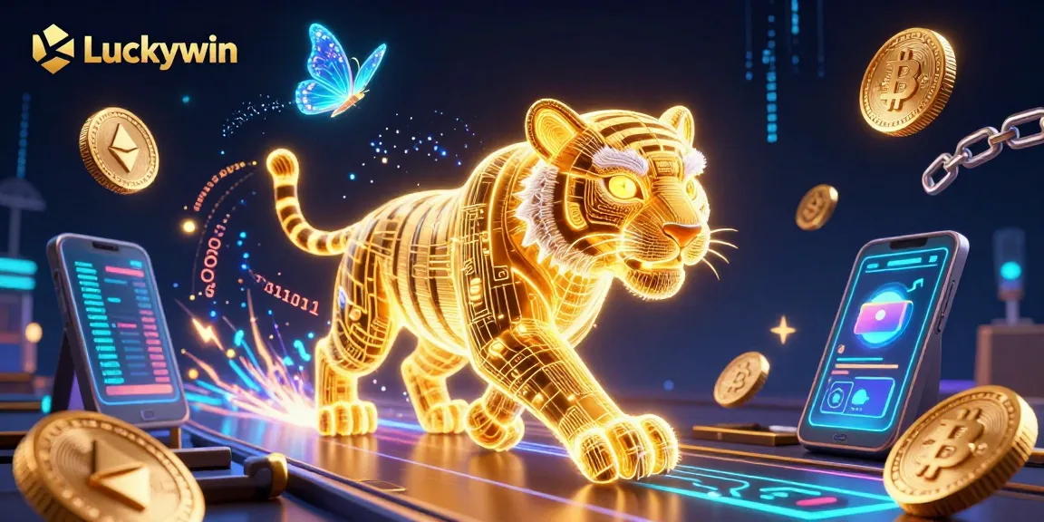 Experience the thrill of Luckywin with a neon digital casino featuring a golden tiger.