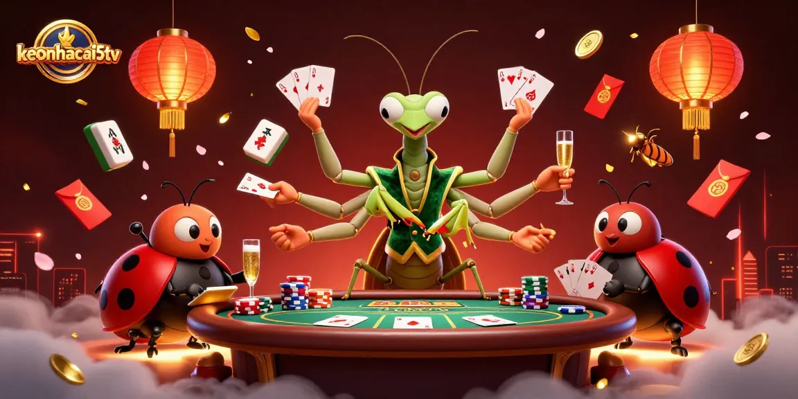 keonhacai5tv showcases a vibrant casino scene with a giant mantis card sharp and a ladybug pit boss.