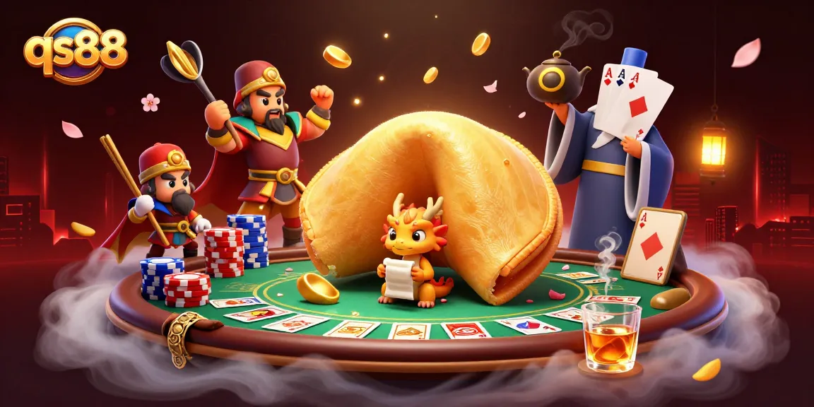 Engage in excitement at qs88 with a dynamic 3D scene featuring fortune cookies, poker chips, and a wise dragon.