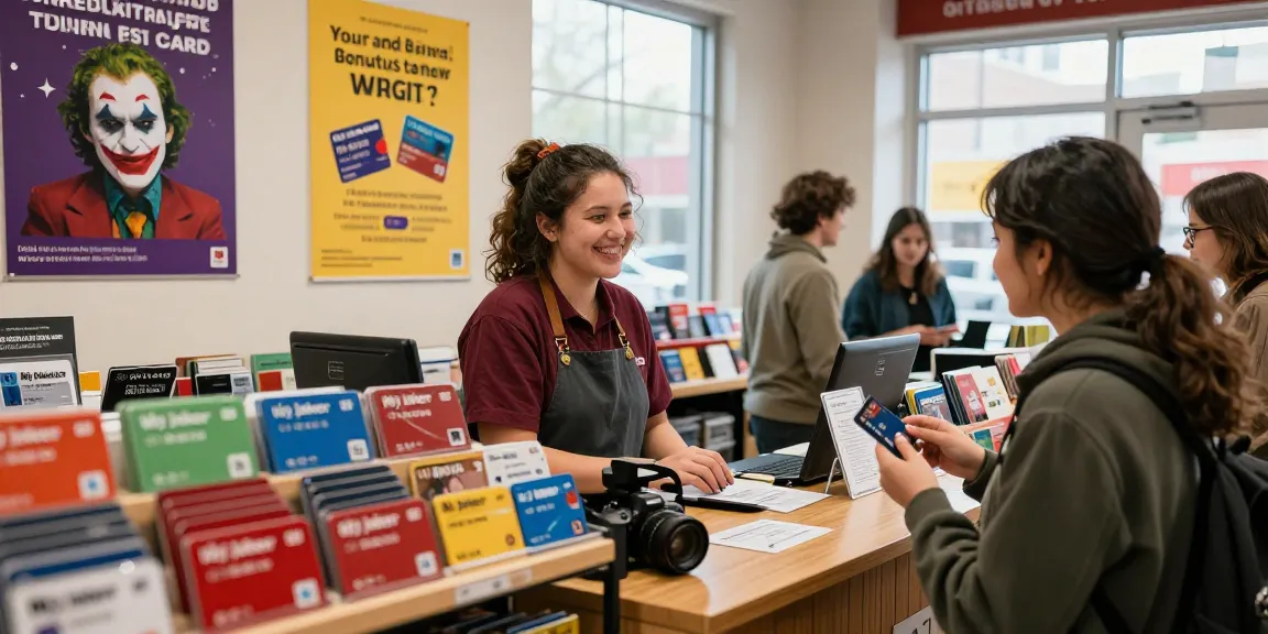 Customer interacting with clerk about My Joker card options in a bright retail store.