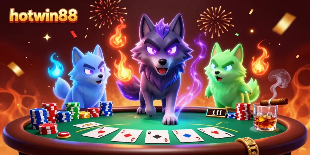 Experience the thrill at hotwin88 with a dynamic poker scene featuring ghostly wolves.