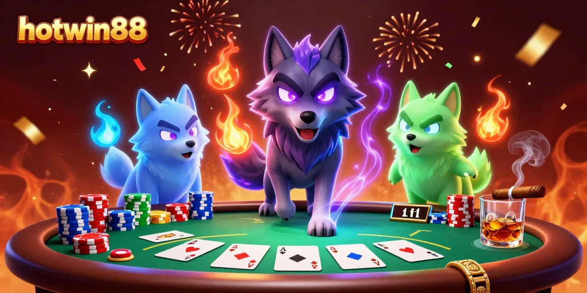 Experience the thrill at hotwin88 with a dynamic poker scene featuring ghostly wolves.